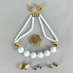 Set of 6 MONET Jewelry 4 Earrings, 1 Necklace In Gold & White Beads, 1 Brooch